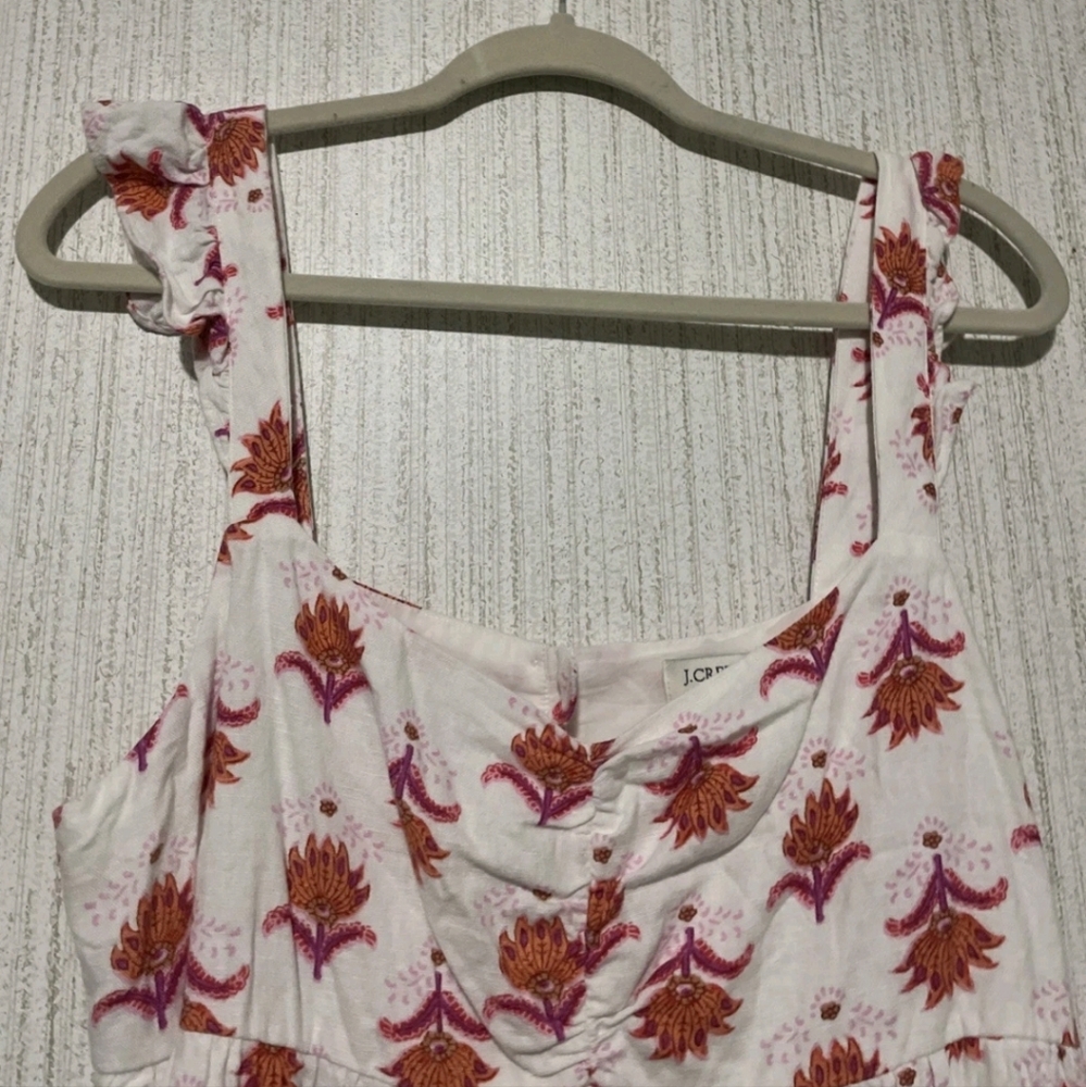 J. Crew Size 12 Linen Blend Floral Sundress Ruffle Accents Pockets - Picture 4 of 12
